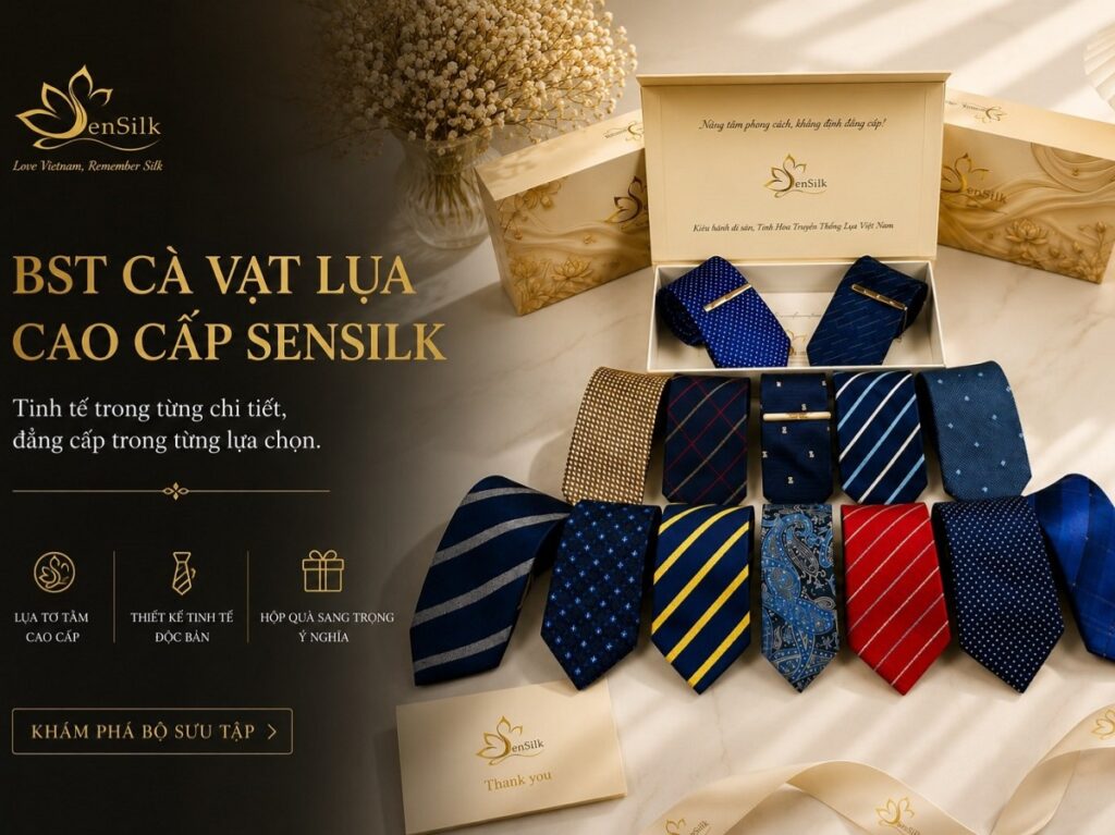 BST cà vạt lụa cao cấp SenSilk với thiết kế thủ công tinh tế, chất liệu lụa tơ tằm cao cấp và hộp quà sang trọng dành cho doanh nhân.