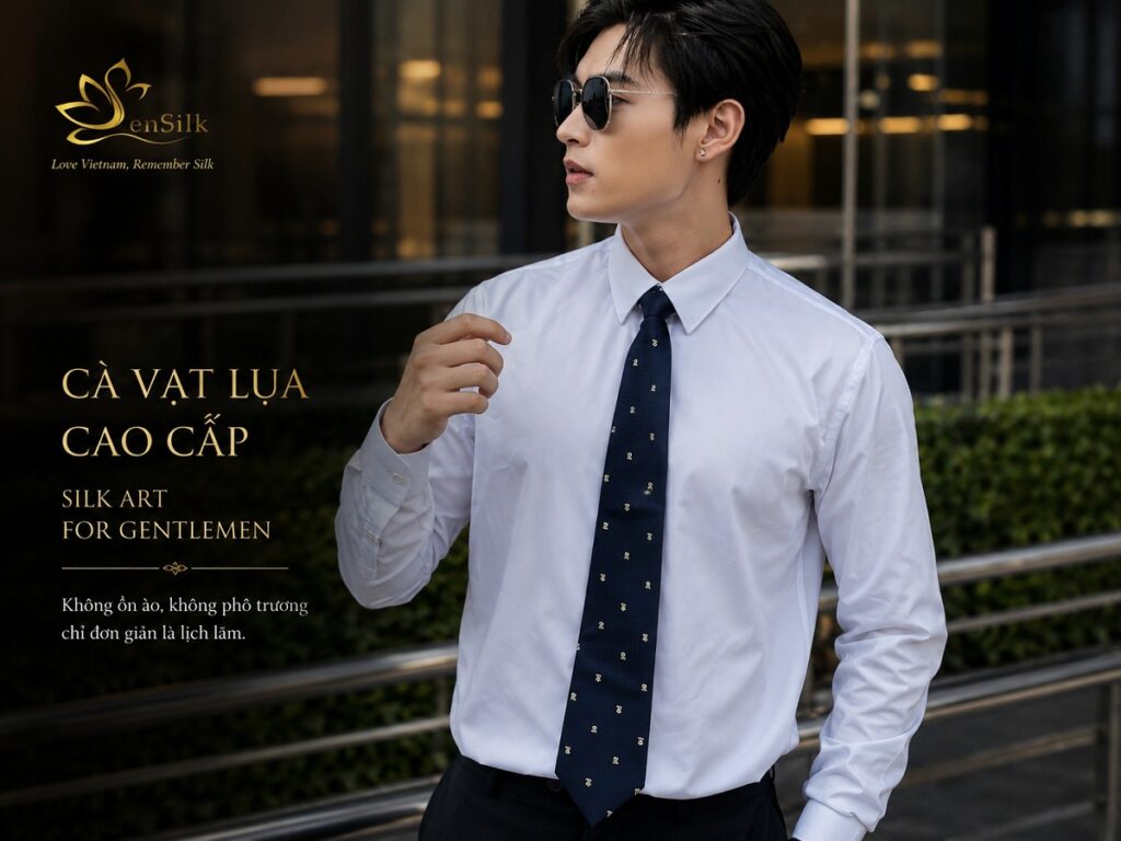 Doanh nhân với cà vạt lụa cao cấp SenSilk Ties Collection, thiết kế tinh tế từ lụa tơ tằm Việt Nam dành cho phong cách lịch lãm hiện đại.