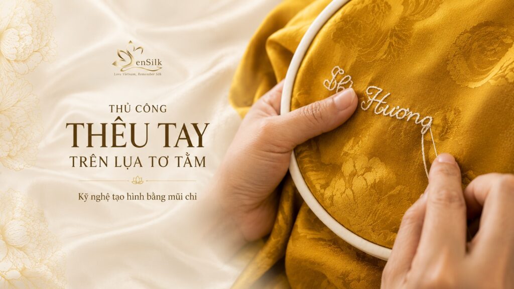 Nghệ nhân SenSilk thêu tay tên trên khăn lụa tơ tằm tự nhiên bằng kỹ thuật thủ công truyền thống