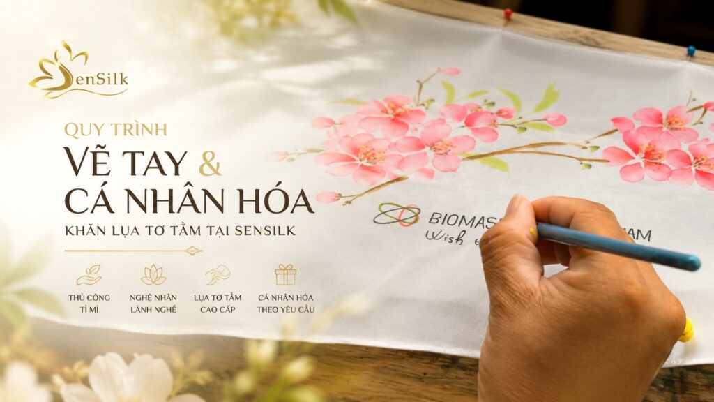 Nghệ nhân SenSilk vẽ tay và cá nhân hóa khăn lụa tơ tằm theo yêu cầu, thể hiện quy trình chế tác thủ công cao cấp tại Việt Nam