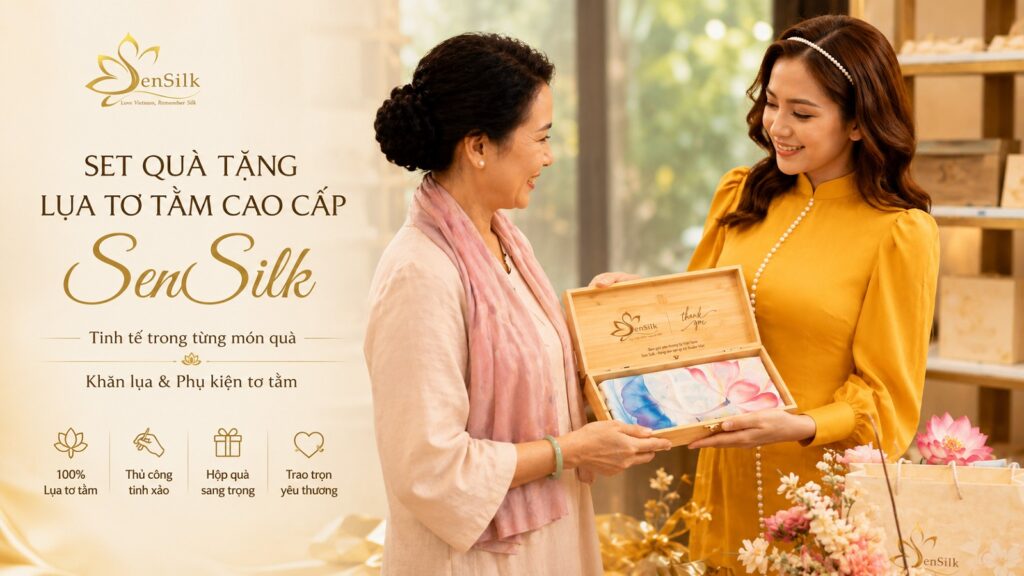 Khách hàng trao tặng set quà lụa tơ tằm SenSilk trong hộp quà gỗ cao cấp, thể hiện sự tinh tế và trân trọng trong từng món quà
