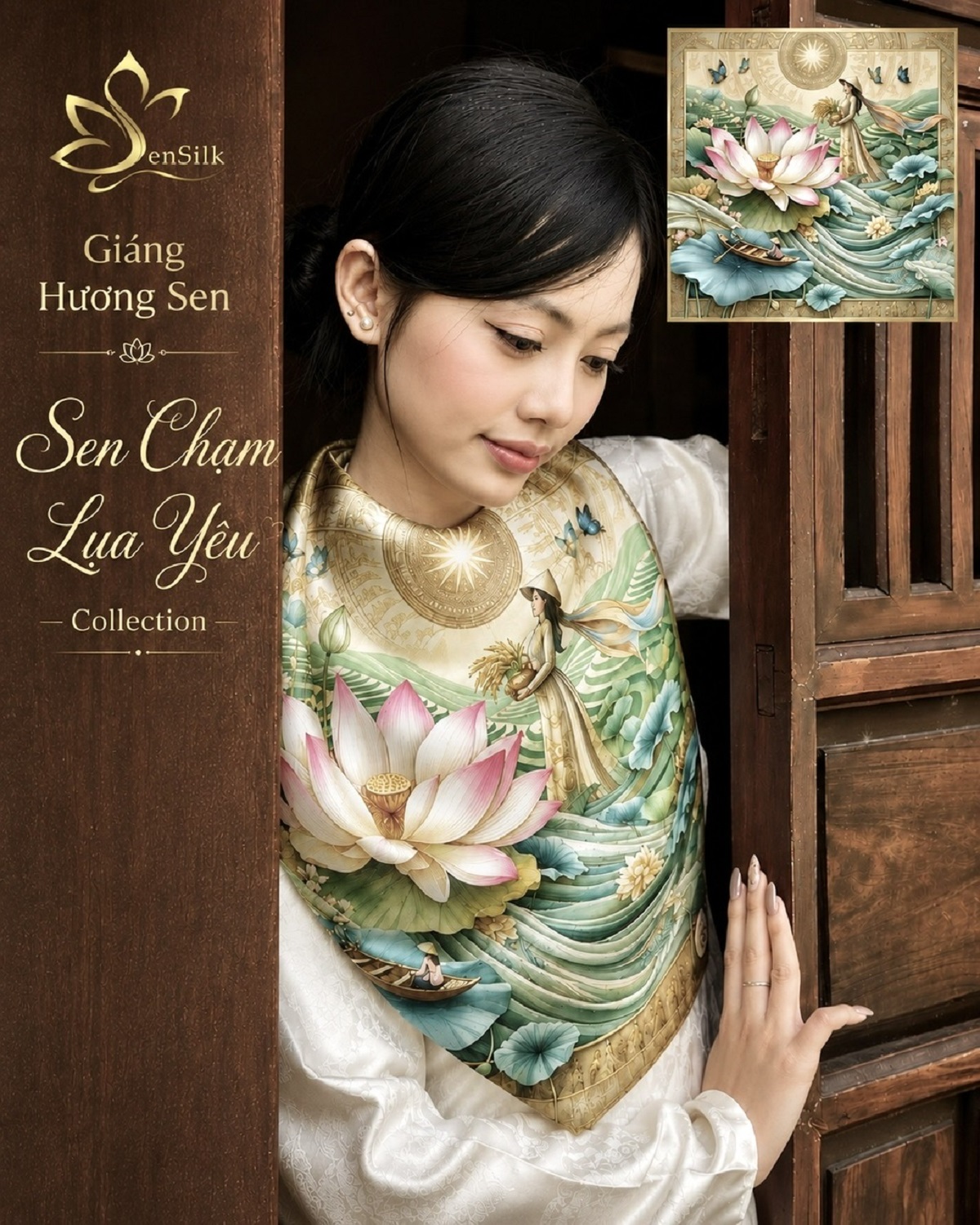 Khăn Lụa Vuông In 3D Giáng Hương Sen của SenSilk phối cùng trang phục trắng, tôn vẻ đẹp tinh tế và sang trọng