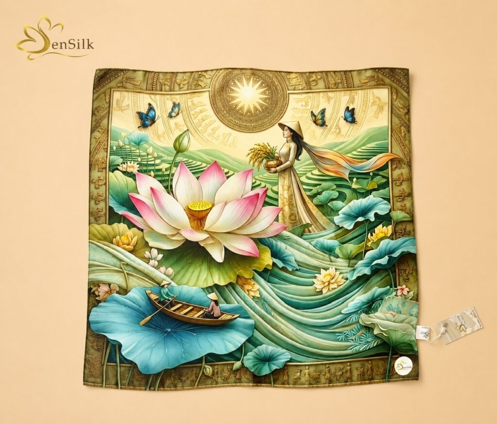 Toàn cảnh Khăn Lụa Vuông In 3D Giáng Hương Sen của SenSilk với họa tiết hoa sen, người phụ nữ Việt và ruộng bậc thang