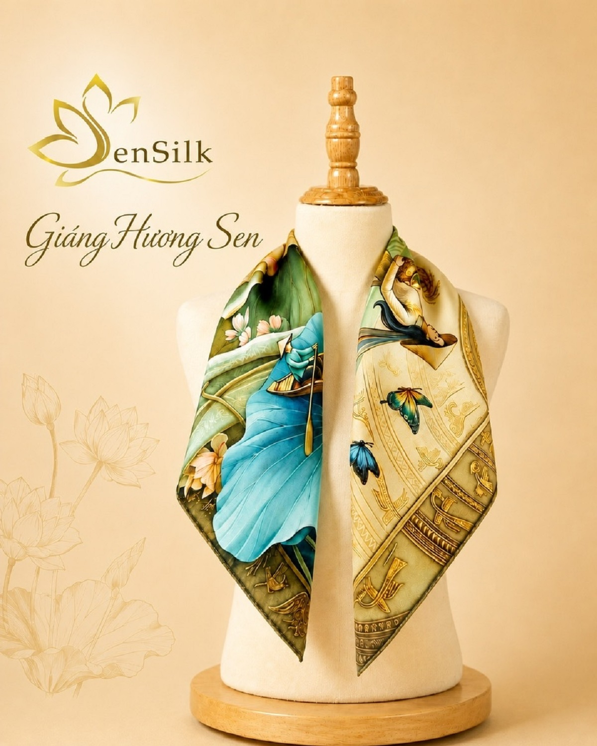 Khăn Lụa Vuông In 3D Giáng Hương Sen của SenSilk trưng bày trên mannequin, nổi bật họa tiết hoa sen và văn hóa Việt