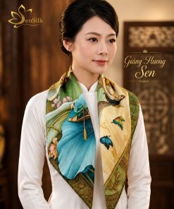Người mẫu mặc áo dài trắng phối Khăn Lụa Vuông In 3D Giáng Hương Sen của SenSilk theo phong cách thanh lịch