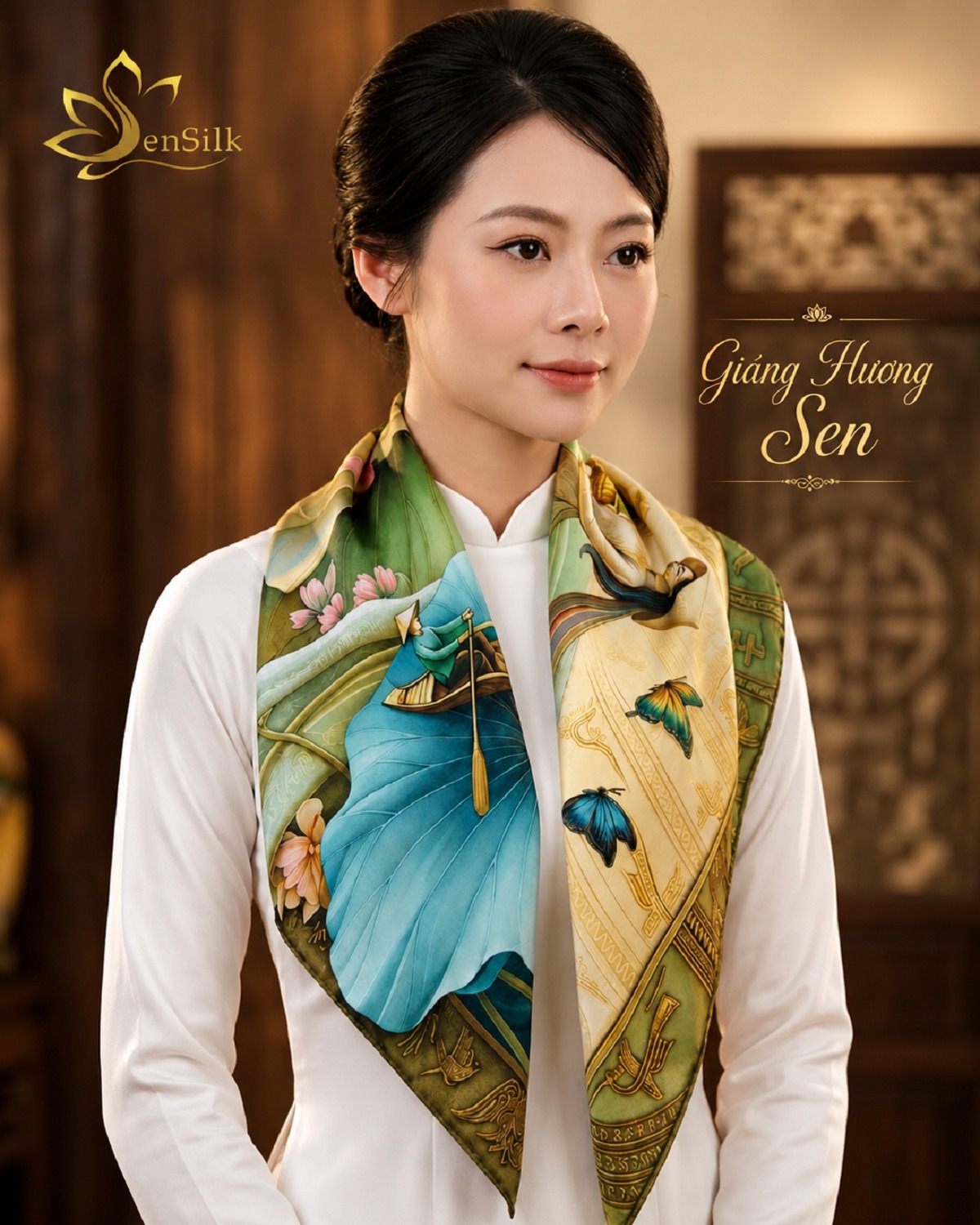 Người mẫu mặc áo dài trắng phối Khăn Lụa Vuông In 3D Giáng Hương Sen của SenSilk theo phong cách thanh lịch