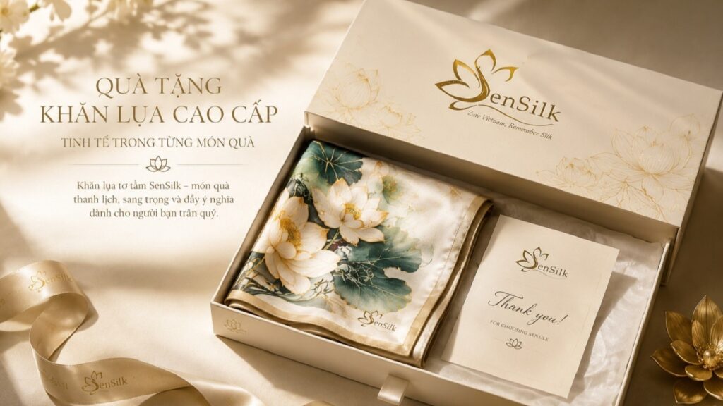 Hộp quà khăn lụa tơ tằm cao cấp SenSilk với thiết kế sang trọng, phù hợp làm quà tặng doanh nghiệp, đối tác, sếp và người thân.