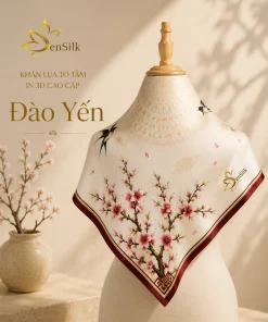 Khăn lụa Đào Yến 65×65cm in 3D với họa tiết hoa đào và chim én trên 100% lụa tơ tằm Việt Nam