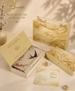 Bộ quà tặng khăn lụa Đào Yến SenSilk với hộp quà cao cấp và thiết kế hoa đào