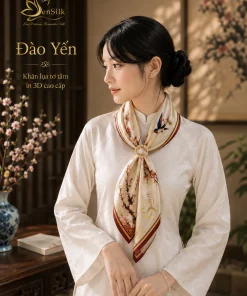 Người mẫu nữ quàng khăn lụa Đào Yến họa tiết hoa đào và chim én cùng áo dài trắng