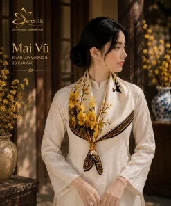 Khăn lụa Mai Vũ họa tiết hoa mai và chim én quàng cổ thanh lịch