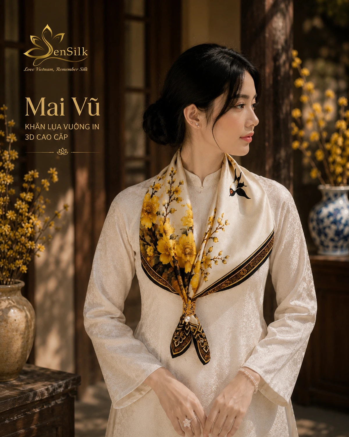 Khăn lụa Mai Vũ họa tiết hoa mai và chim én quàng cổ thanh lịch