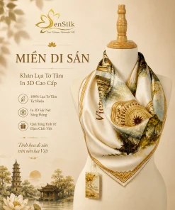 Khăn lụa tơ tằm Miền Di Sản in 3D quàng cổ trên mannequin