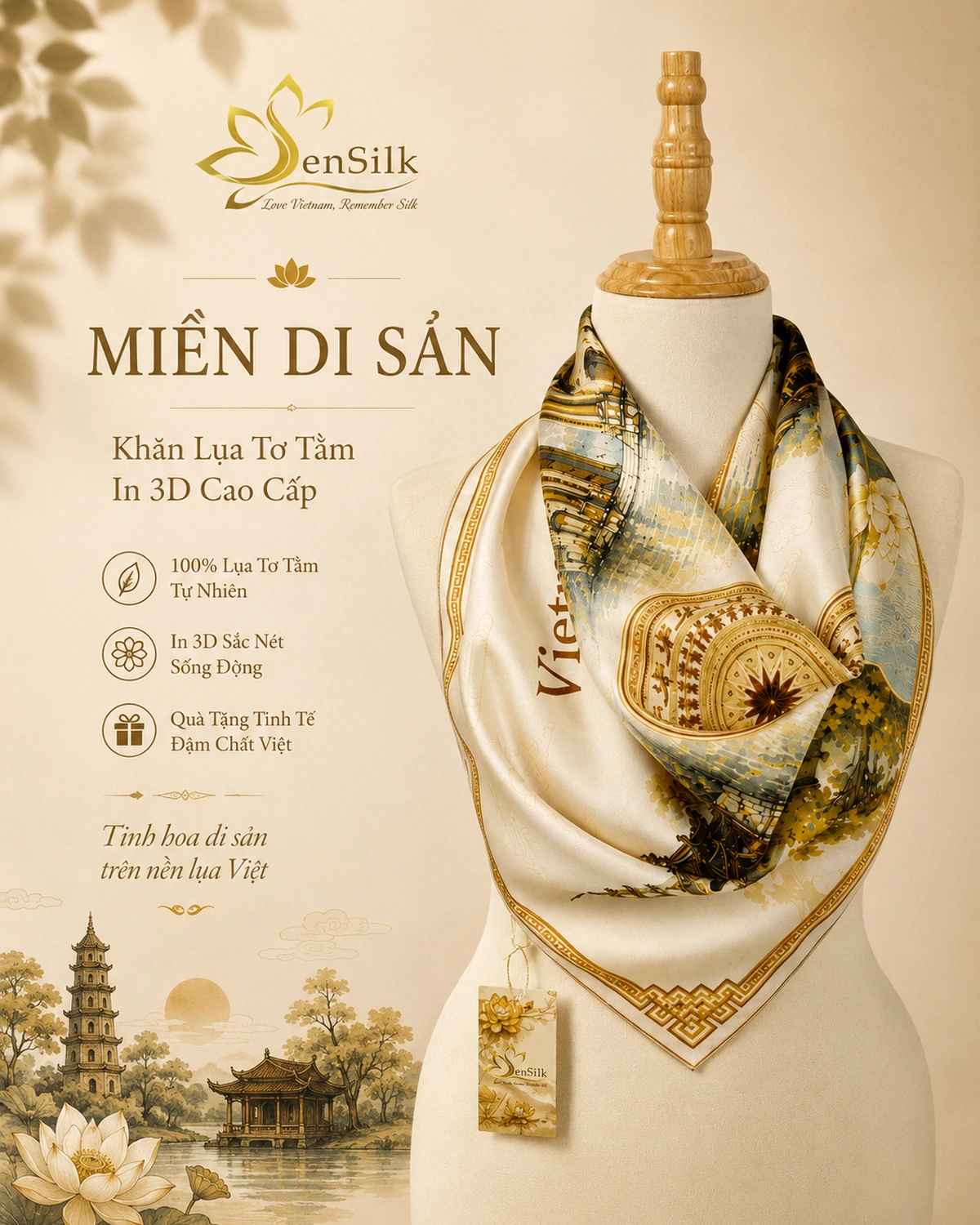 Khăn lụa tơ tằm Miền Di Sản in 3D quàng cổ trên mannequin