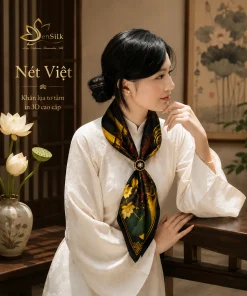 Người mẫu nữ mặc áo trắng quàng khăn lụa Nét Việt trước ngực