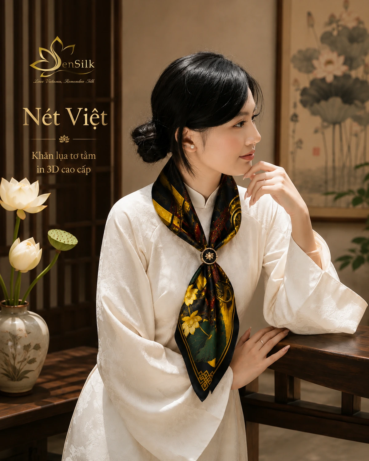 Người mẫu nữ mặc áo trắng quàng khăn lụa Nét Việt trước ngực