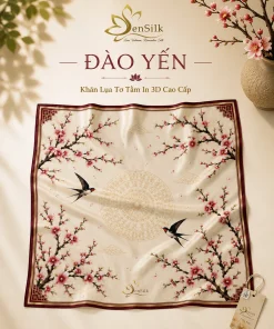 Khăn lụa vuông Đào Yến với họa tiết hoa đào, chim én và họa tiết trang trí truyền thống