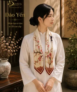 Khăn lụa tơ tằm Đào Yến phối cùng áo dài trắng, tạo điểm nhấn thanh lịch cho trang phục