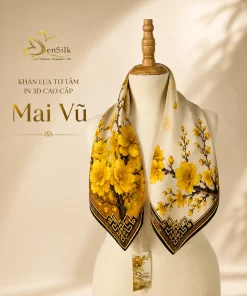 Khăn lụa tơ tằm Mai Vũ in 3D họa tiết hoa mai và chim én