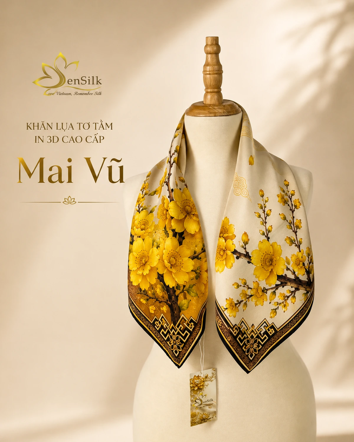 Khăn lụa tơ tằm Mai Vũ in 3D họa tiết hoa mai và chim én