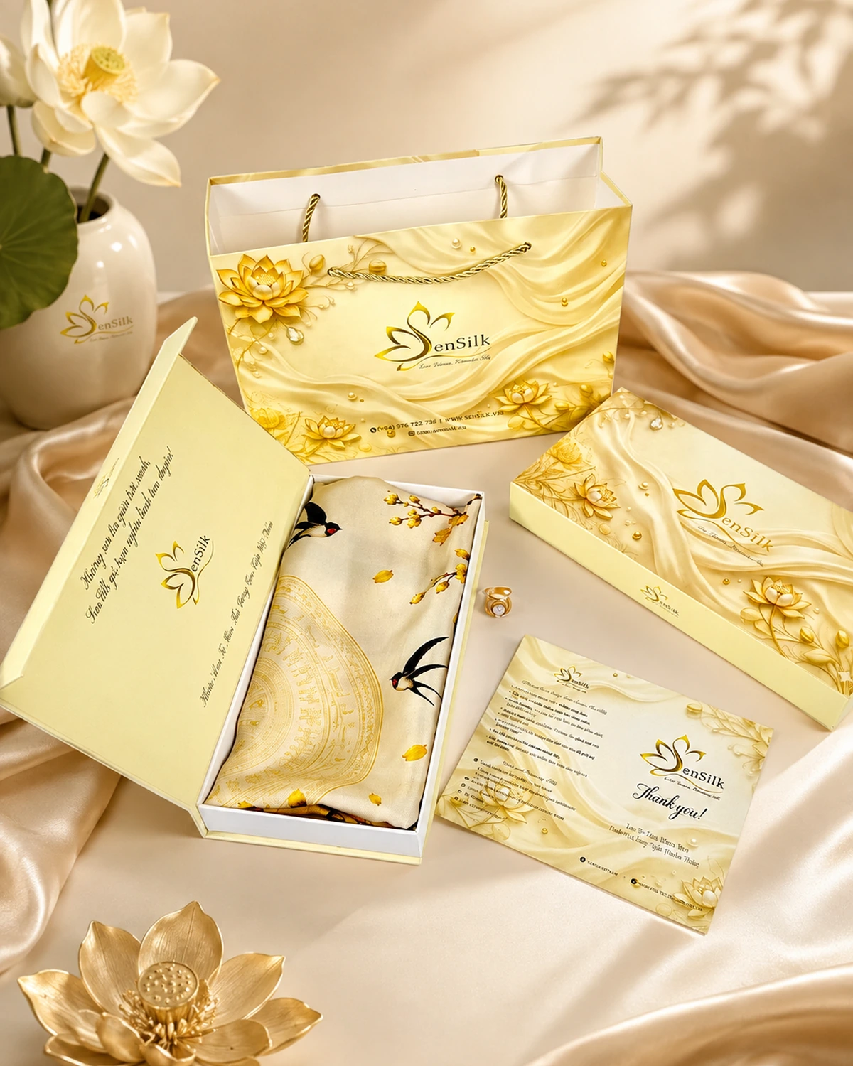 Bộ quà tặng khăn lụa tơ tằm Mai Vũ in 3D SenSilk