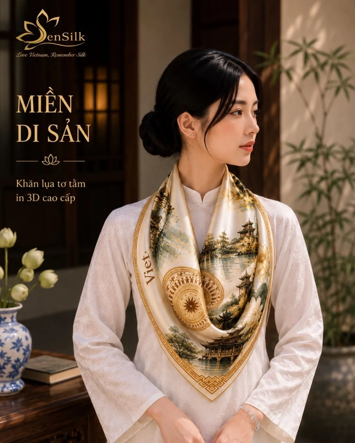 Khăn lụa vuông Miền Di Sản 65x65cm in 3D SenSilk quàng cổ thanh lịch
