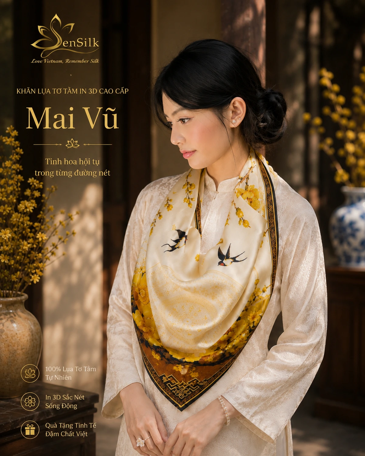 Người mẫu quàng khăn lụa vuông Mai Vũ 65x65cm in 3D
