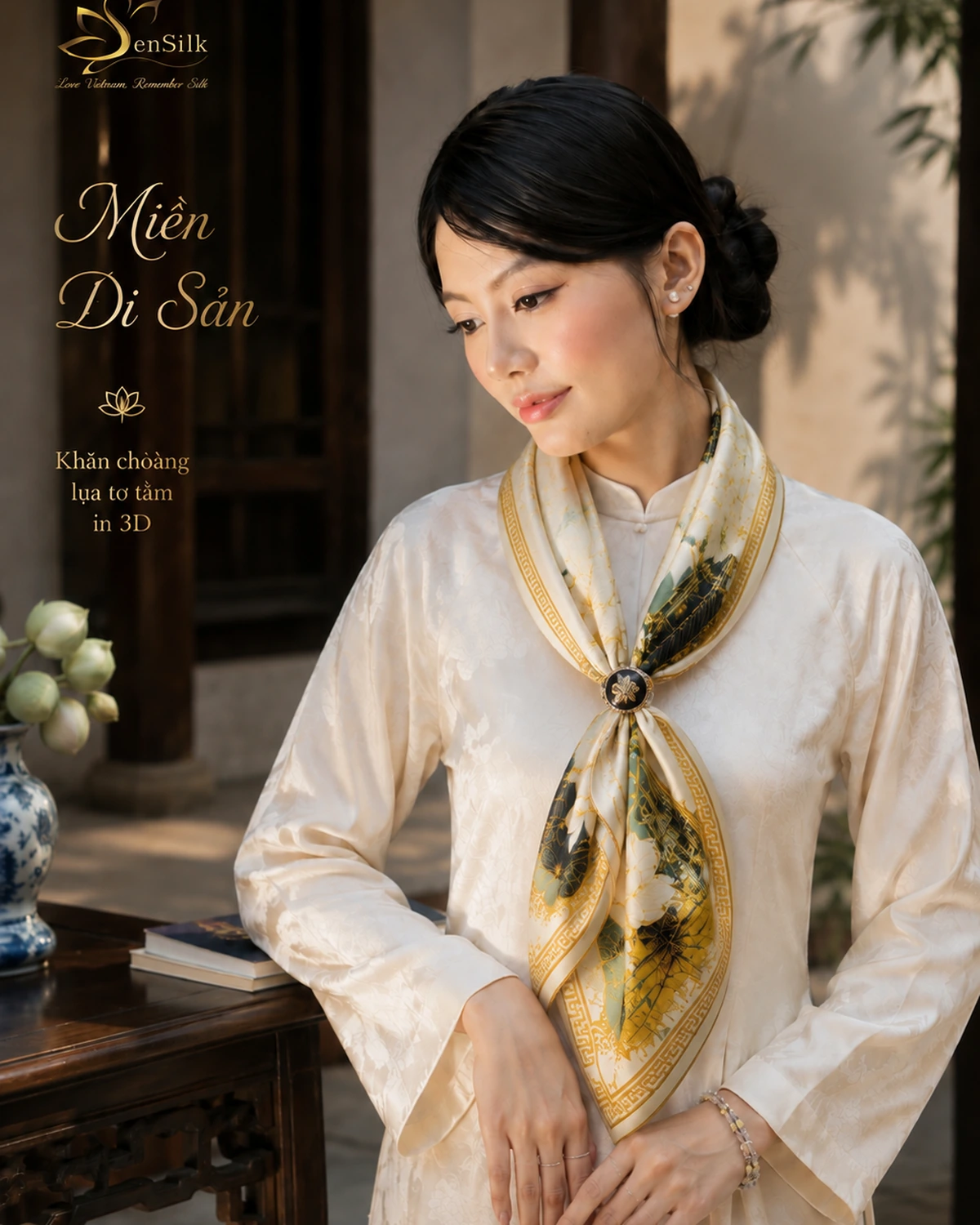 Người mẫu quàng Khăn lụa tơ tằm Miền Di Sản in 3D cao cấp
