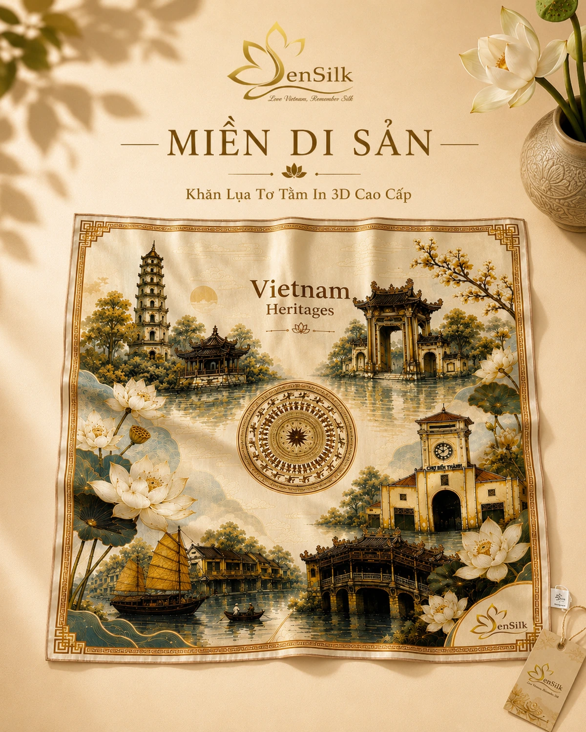 Khăn lụa tơ tằm Miền Di Sản với họa tiết kiến trúc và di sản Việt Nam