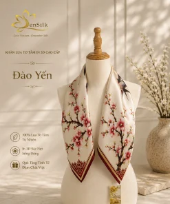Khăn lụa tơ tằm Đào Yến được phối dạng vuông trên mannequin, nổi bật họa tiết hoa đào và chim én