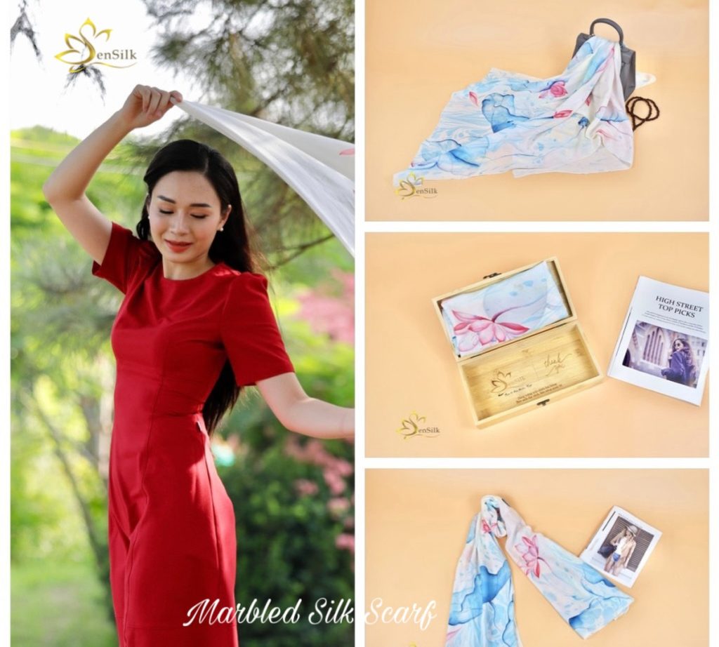 người mẫu cầm khăn lụa thuỷ ấn vẽ tay độc bản hoa sen Việt Nam
