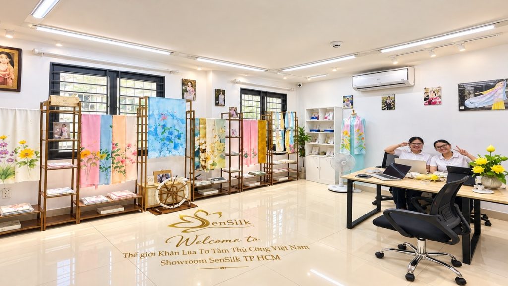 Showroom SenSilk TP HCM trưng bày khăn lụa tơ tằm thủ công Việt Nam